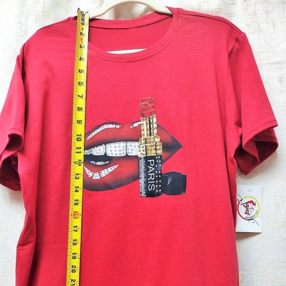 Sexy Lips, Rhinestone plus size, Bling Tee, Exclusive. Handmade. RED - Picture 4 of 7